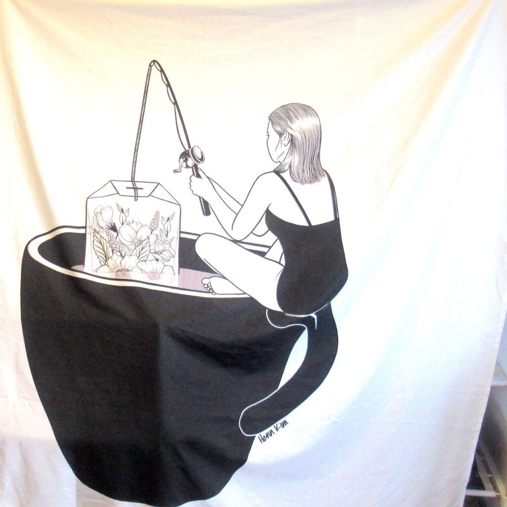 Henn Kim Woman Fishing in a Tea Cup Wall Hanging, Society6, 50.5" x 60.5"   D890